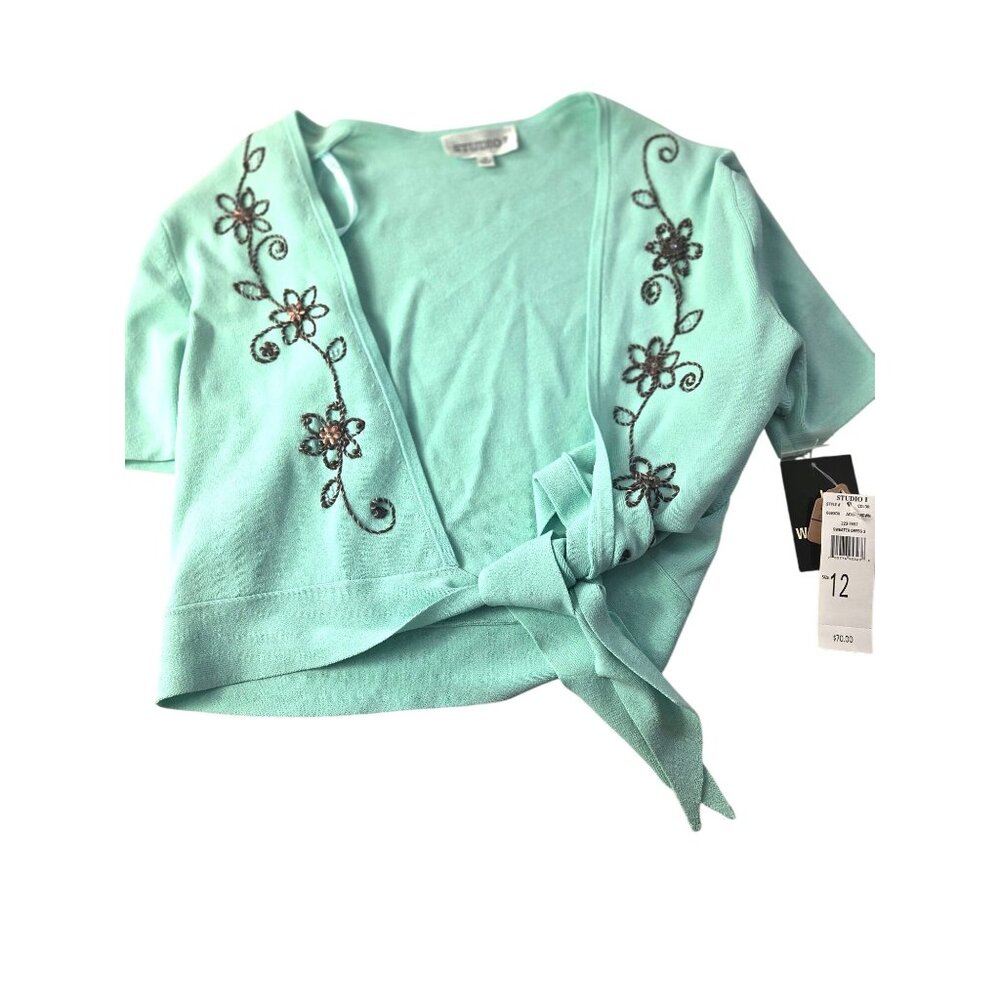 Studio I Aqua Tie-Front Cardigan*Floral Embroidery Short Sleeves*NWT* Size 12